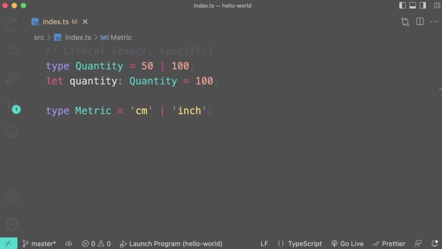 src/index.ts showing literal types Quantity and Metric