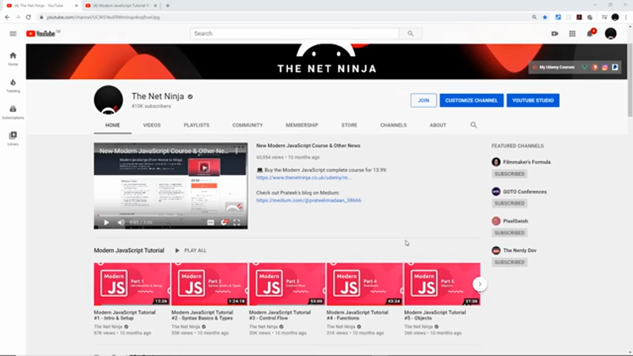 The Net Ninja channel page, shown during the opening membership plug