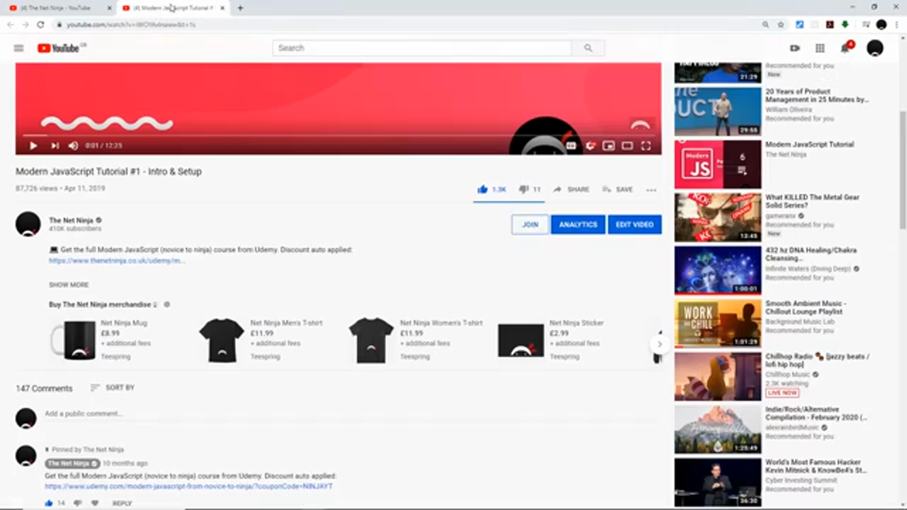Modern JavaScript Tutorial playlist page, shown during the prerequisite discussion