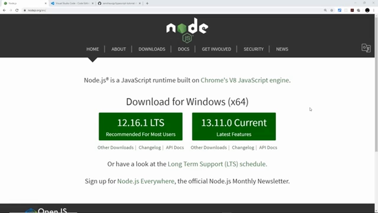 nodejs.org download page showing LTS vs Current options