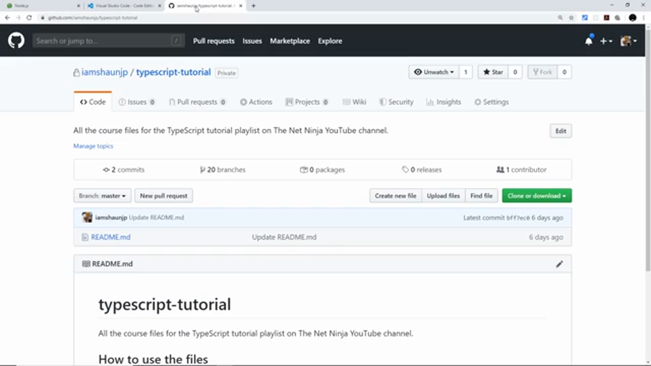 the typescript-tutorial GitHub repo page with branches visible