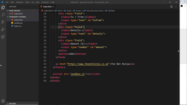footer form markup in VS Code