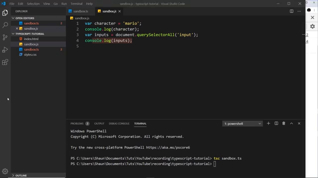 compiled sandbox.js open in the editor with the terminal below