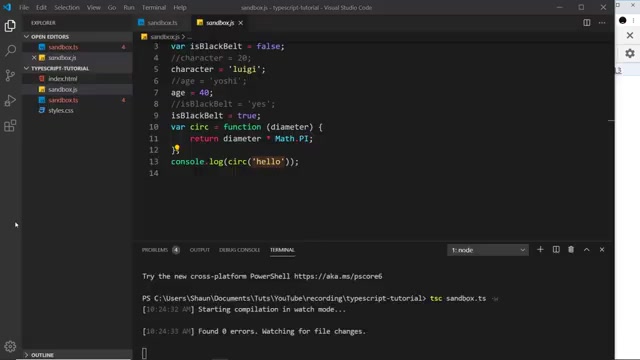 VS Code on sandbox.ts with the three variables, terminal in watch mode