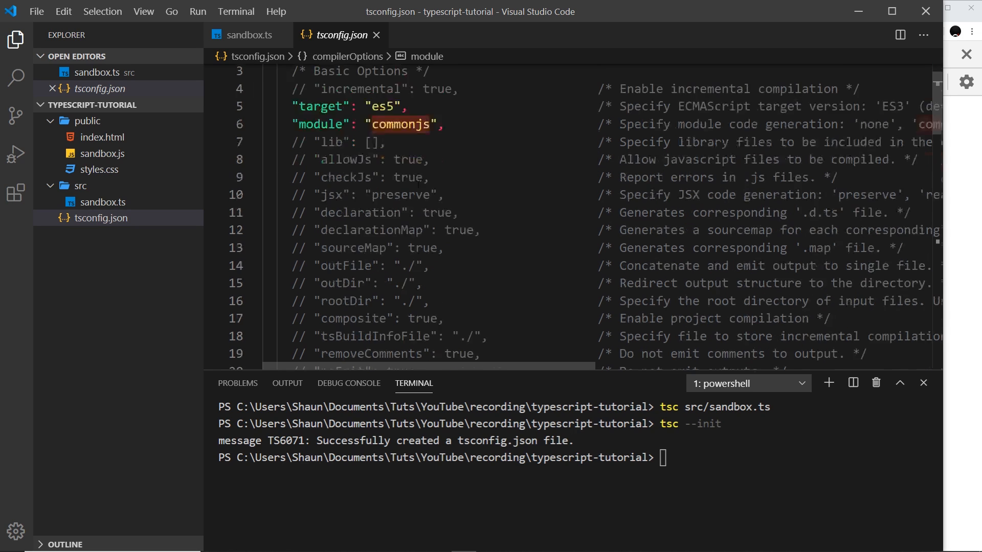 tsconfig.json open in the editor with a clean compile in the terminal
