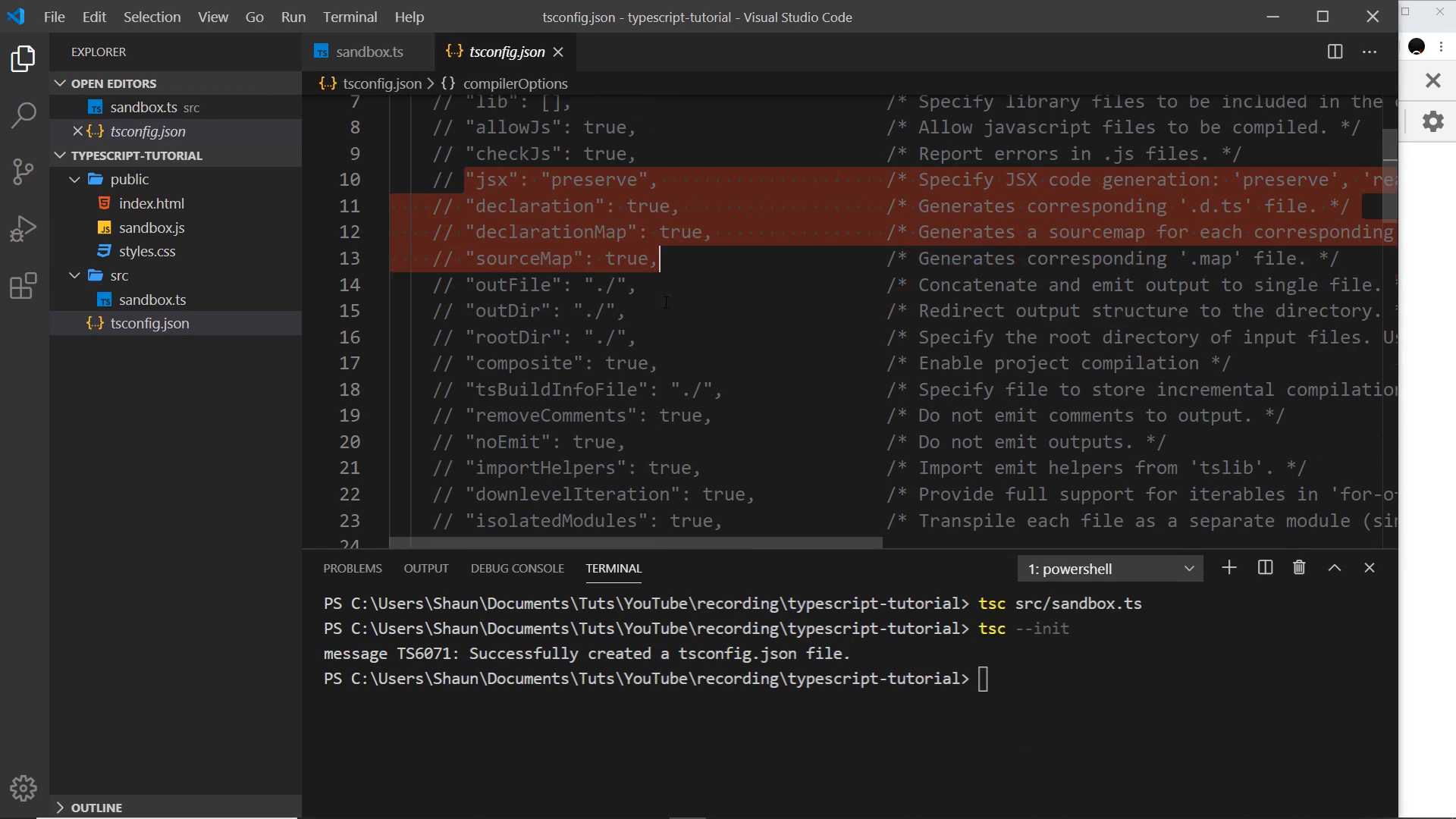 generated tsconfig.json options with a clean compile