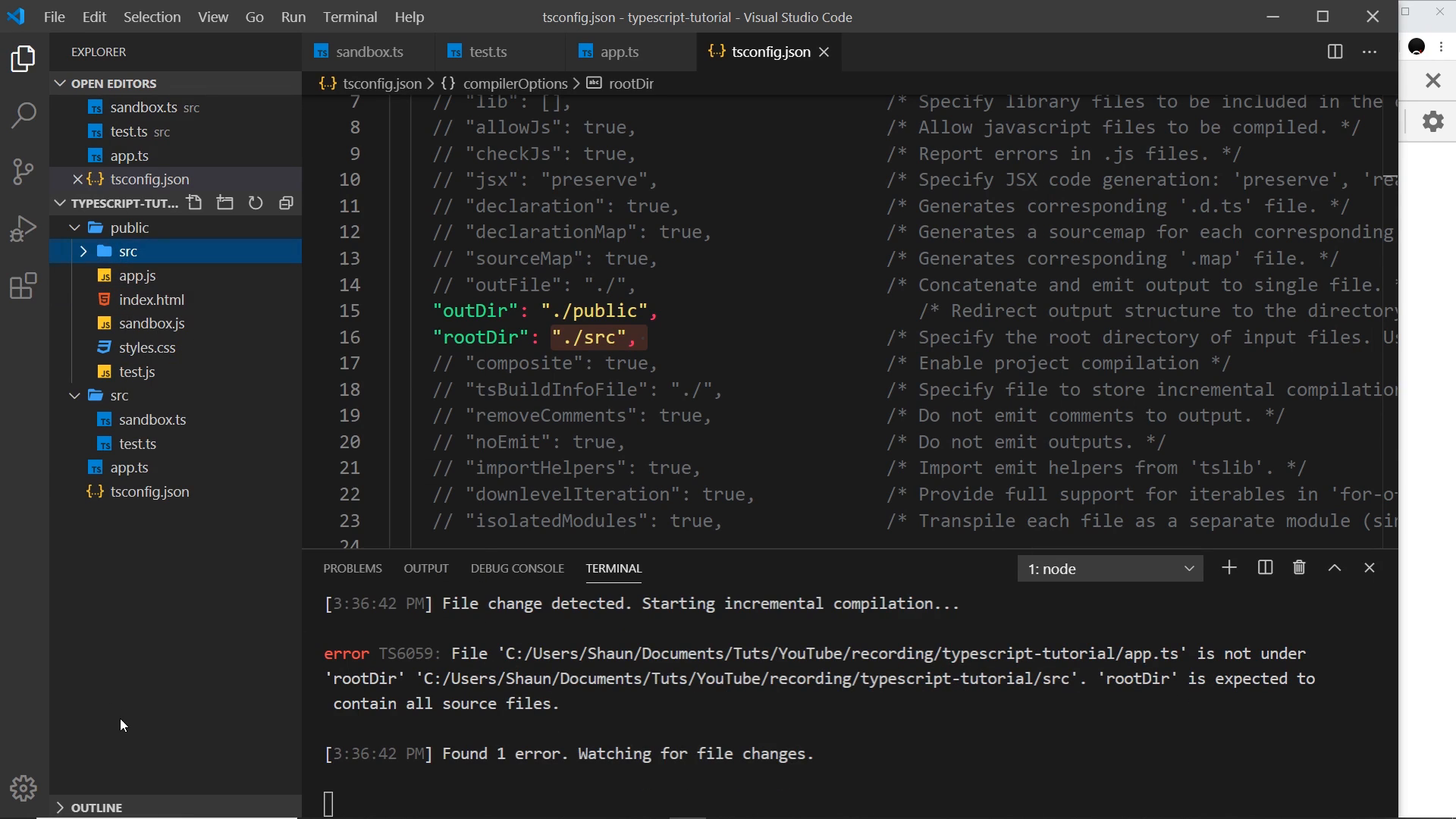 stray root-level file with the TS6059 rootDir error