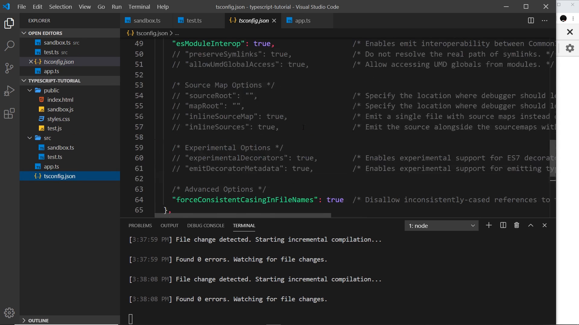 final tsconfig.json with watch-mode compile messages