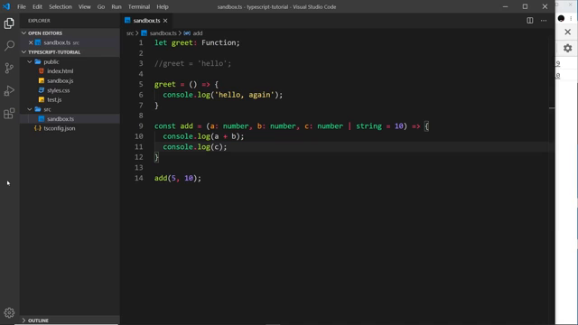 editor showing let greet: Function with the arrow-function assignment