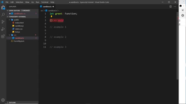 sandbox.ts showing let greet: Function with a flagged call — the loose prior-video setup