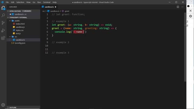 sandbox.ts with the example-1 code taking shape and placeholder comments below