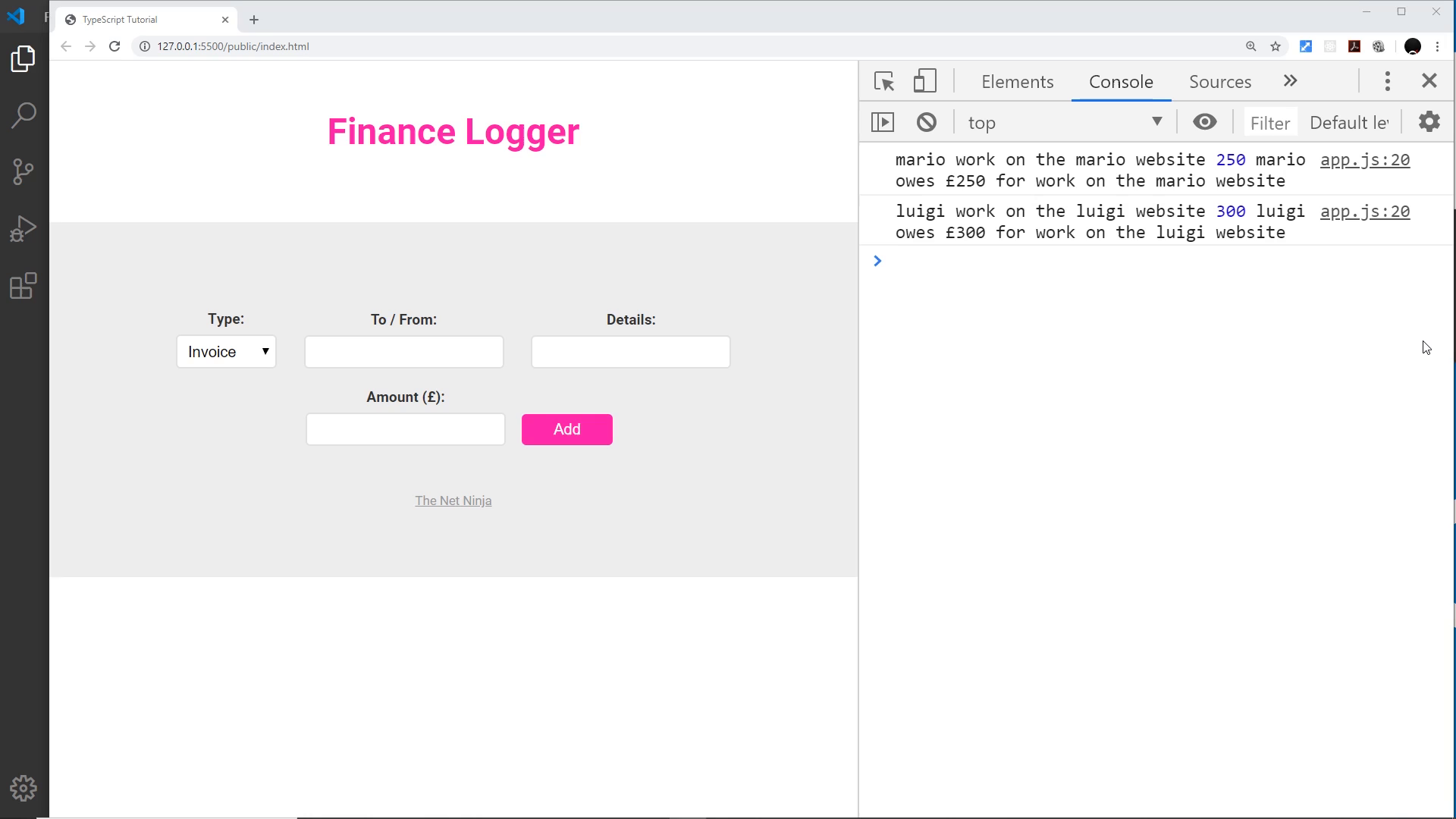 Finance Logger page with mario 250 / luigi 300 listed and console output