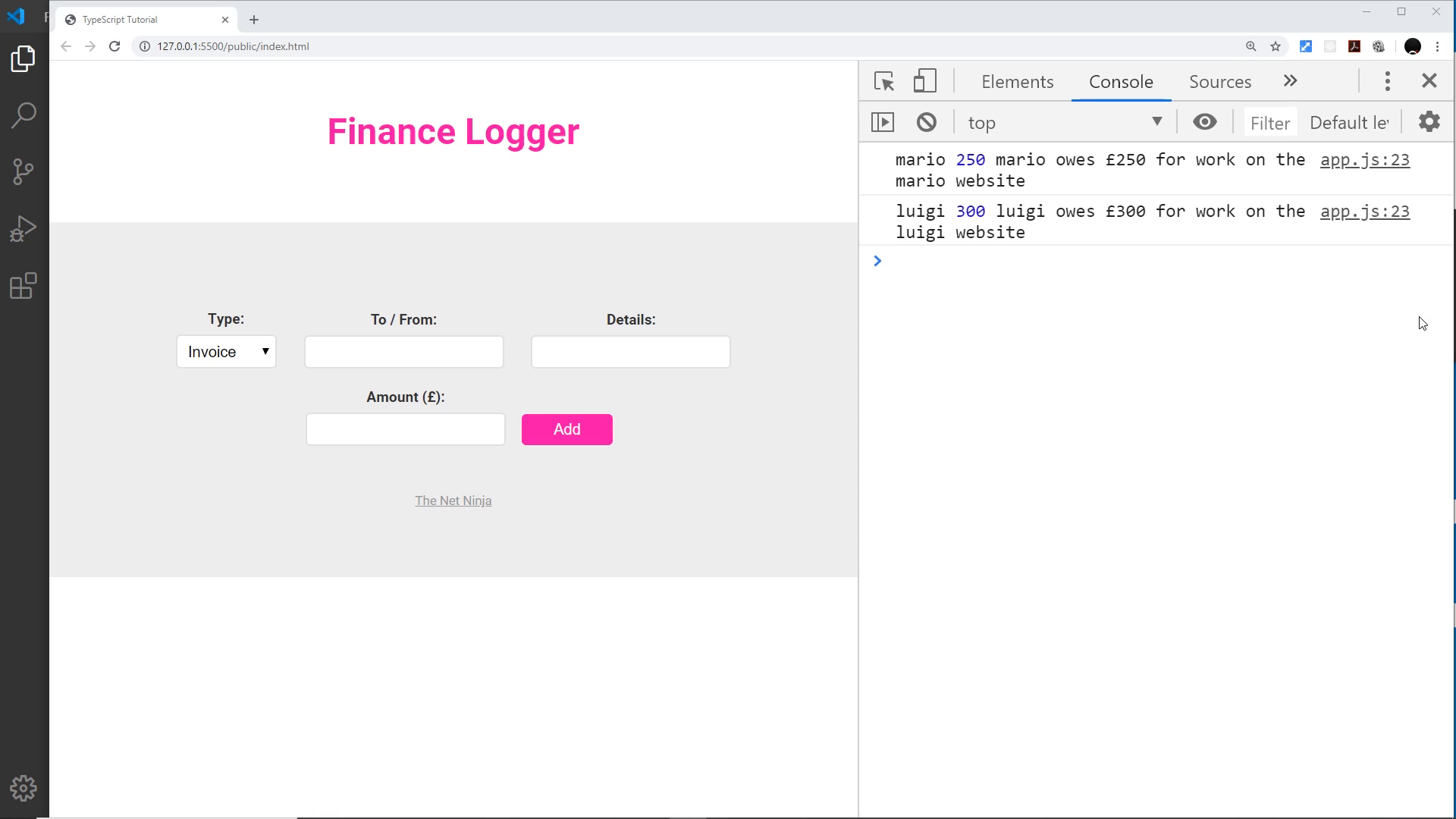 browser console showing client, amount, and format() output after the private change