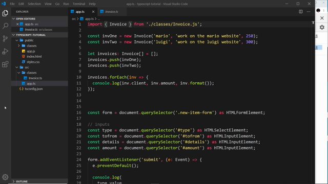 compiled Invoice.js in the editor sidebar next to app.js and index.html