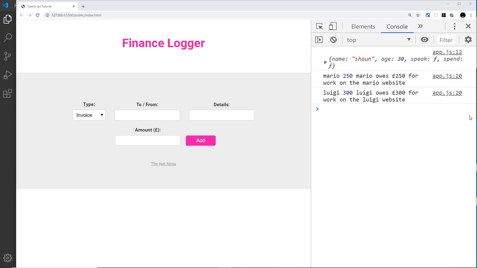 Finance Logger project page, the running series project behind this lesson