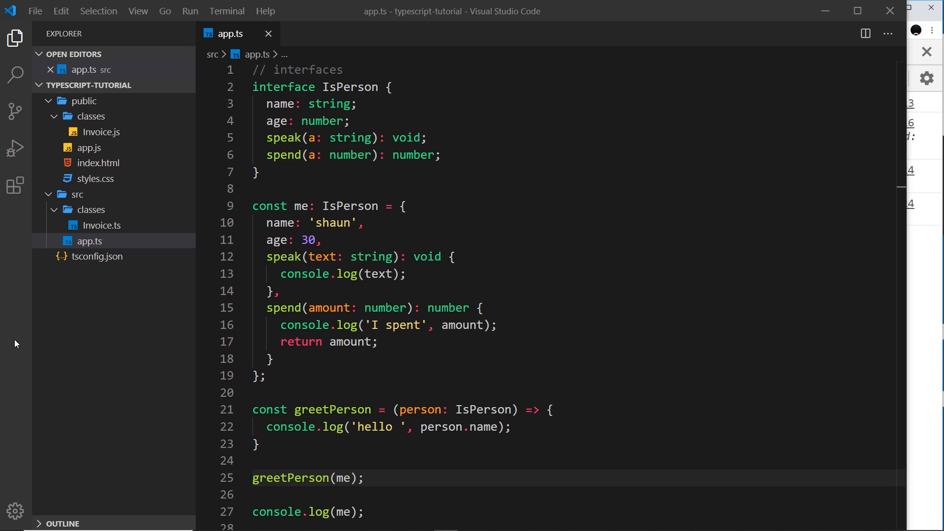 IsPerson spelling plus greetPerson, greetPerson(me), and console.log(me)