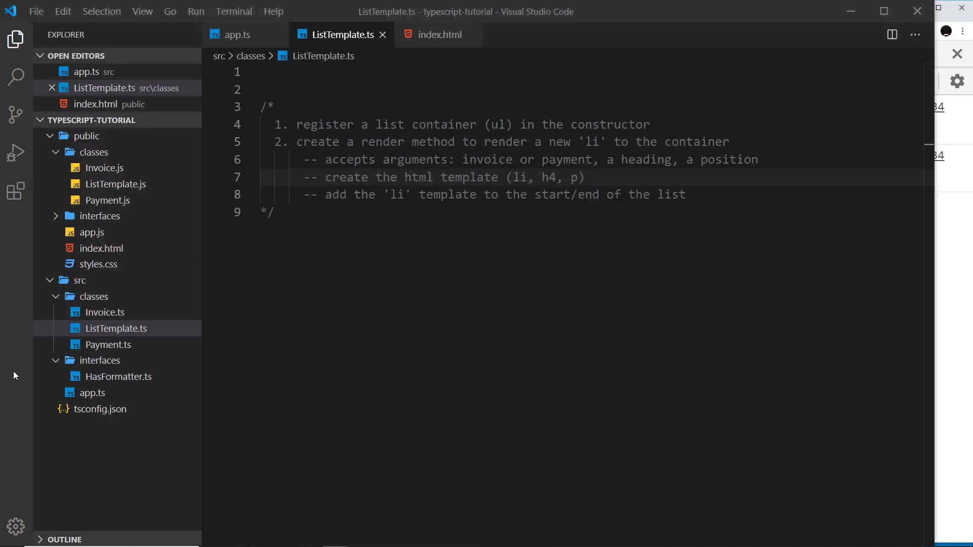 plan as code comments: register the container, create render, build the li/h4/p template