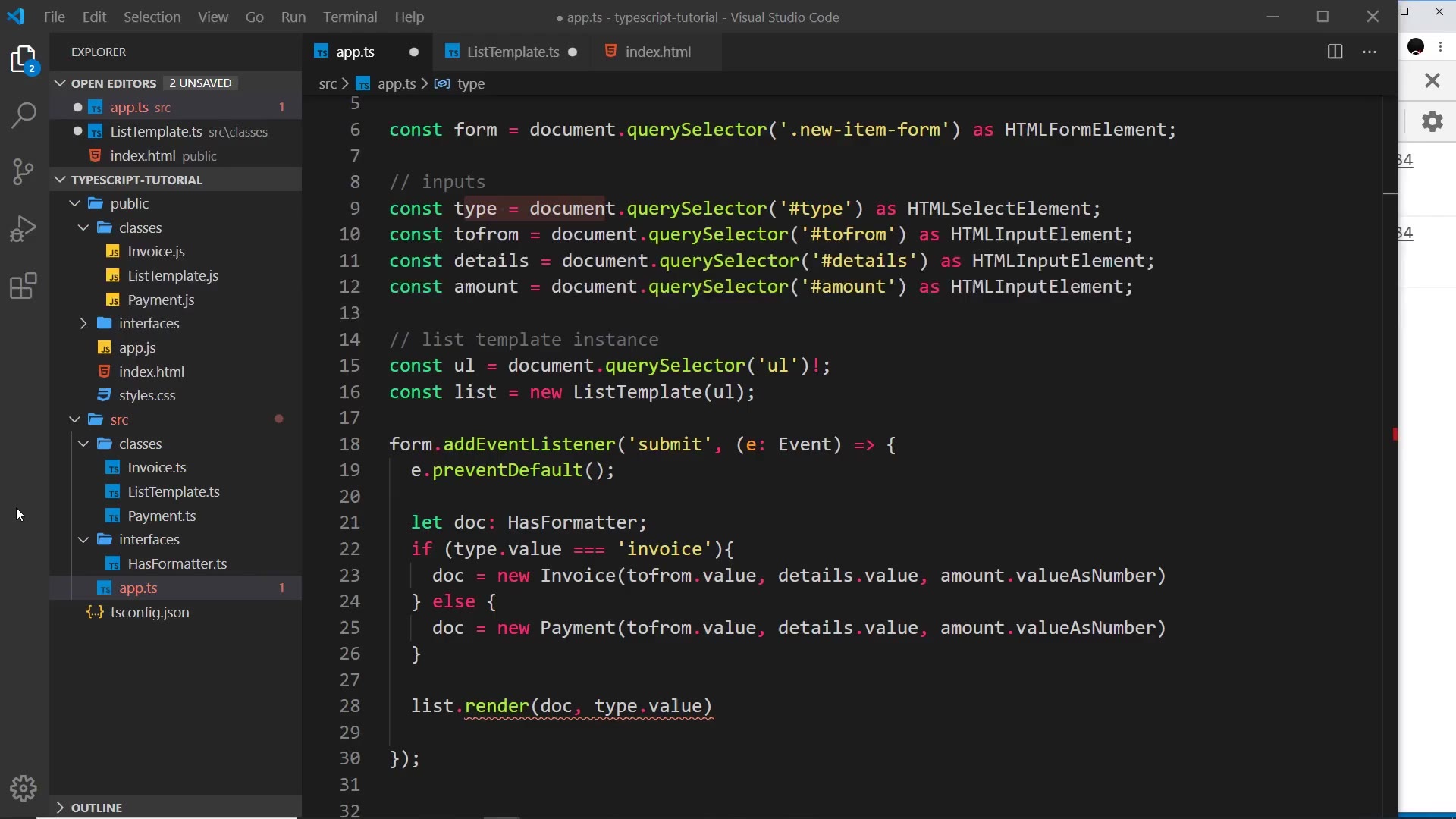 app.ts wiring: querySelector, ListTemplate instance, submit handler