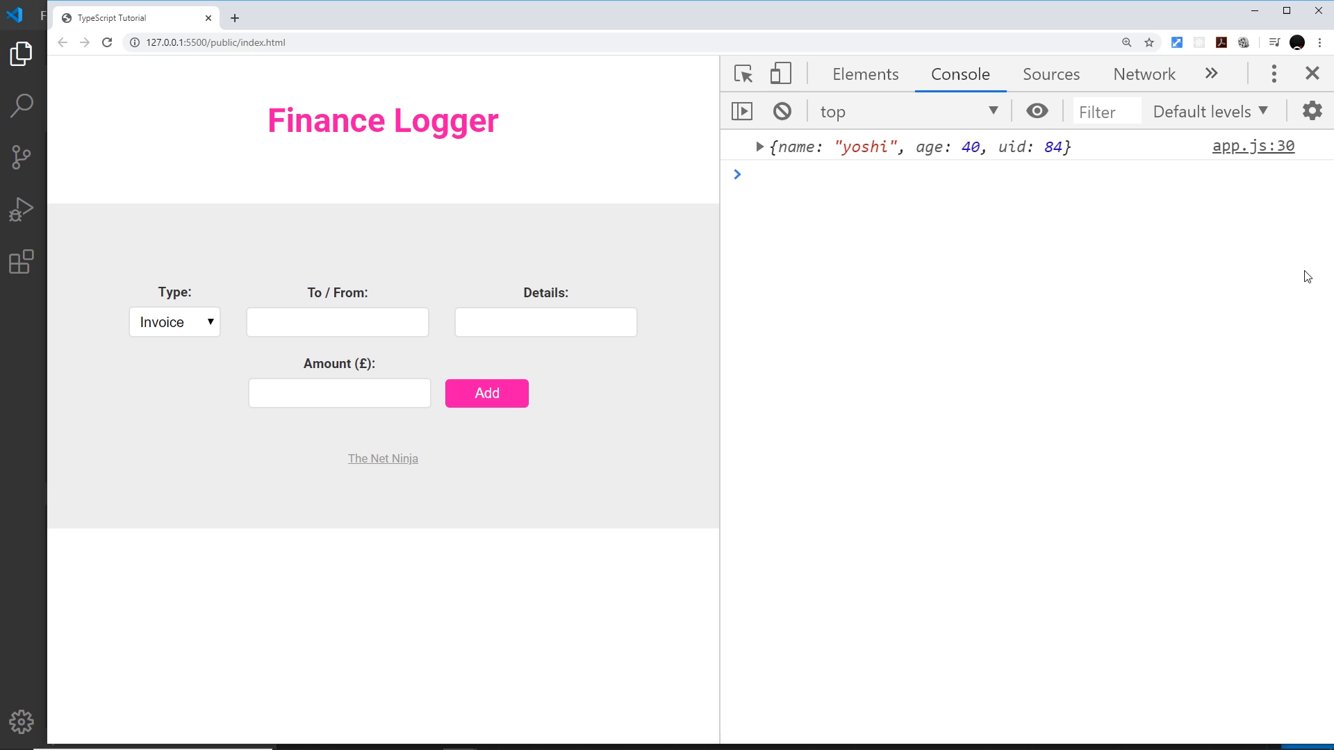 browser on the Finance Logger demo with console showing the addUID source and output