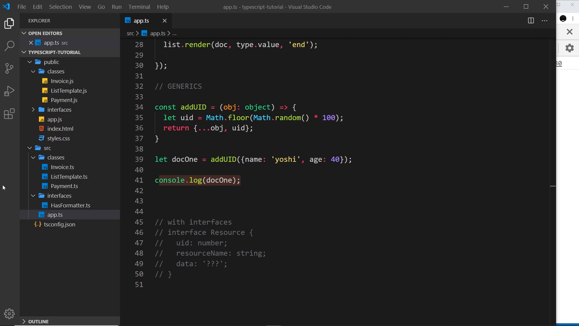 editor on addUID and docOne with the property-access error visible