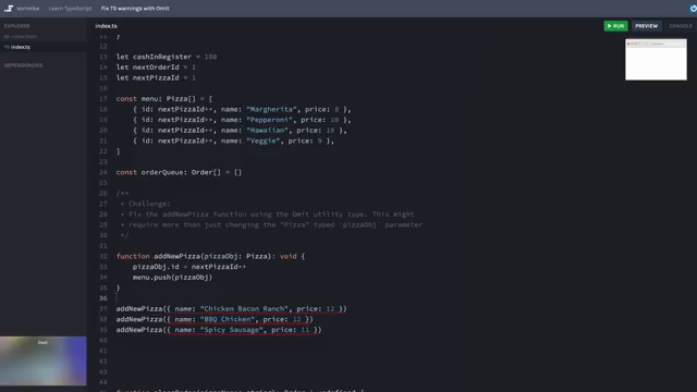 Omit-based addNewPizza in the editor with terminal output
