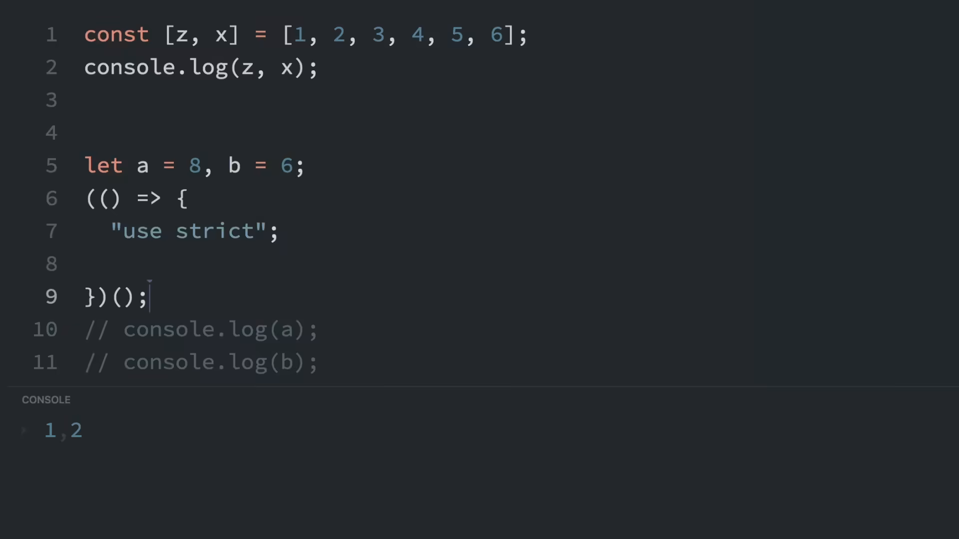 array destructuring with strict mode