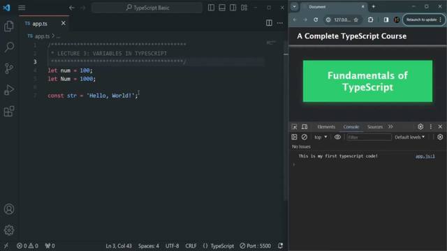 app.ts carrying over the variables lesson, browser console beside it