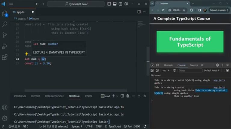 terminal running tsc app.ts with the browser console logging the string output