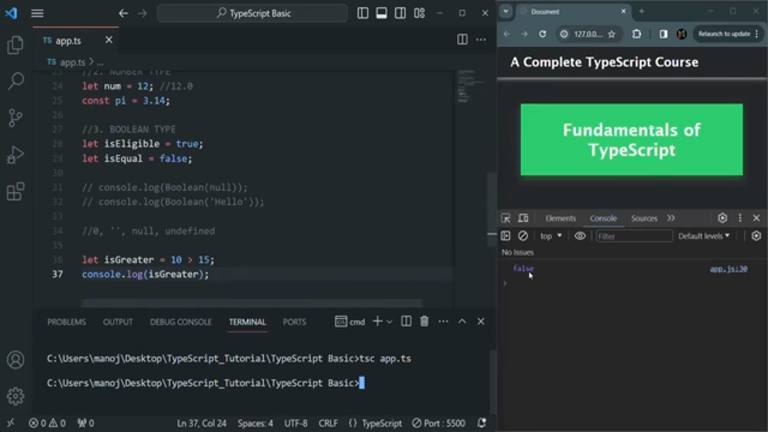 the boolean section with isGreater logging false in the browser console
