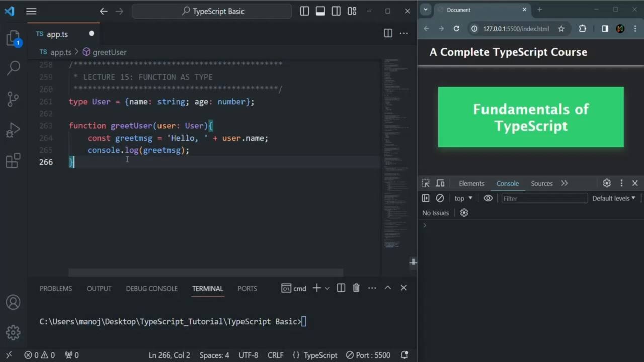VS Code greetUser(user: User) code.