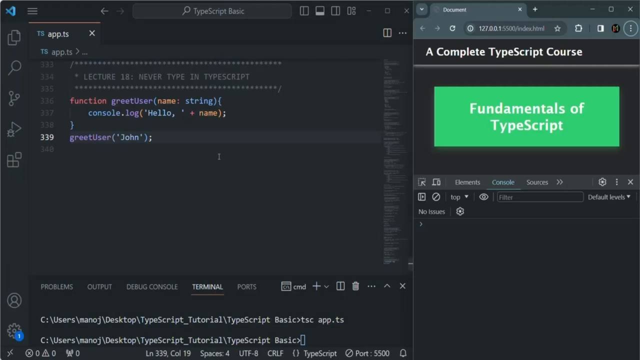 editor showing the greetUser function and a
