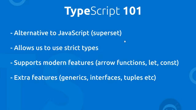 TypeScript 101 slide, held for the strict-types demo