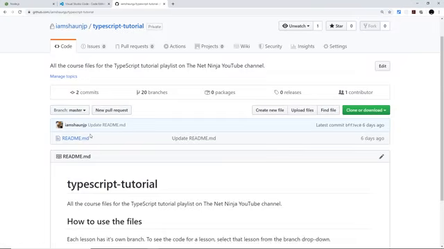 typescript-tutorial GitHub repo with per-lesson branches