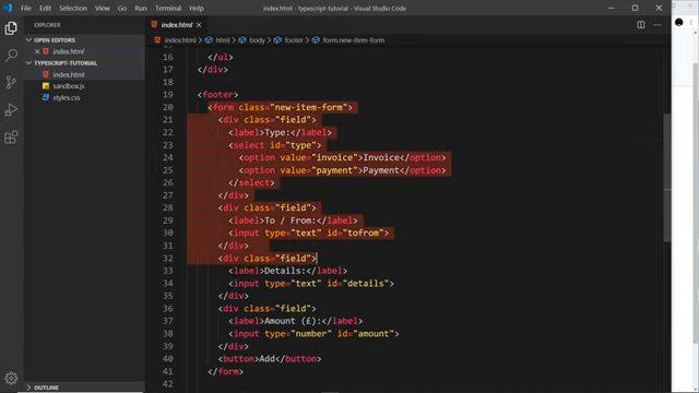 footer form markup in VS Code