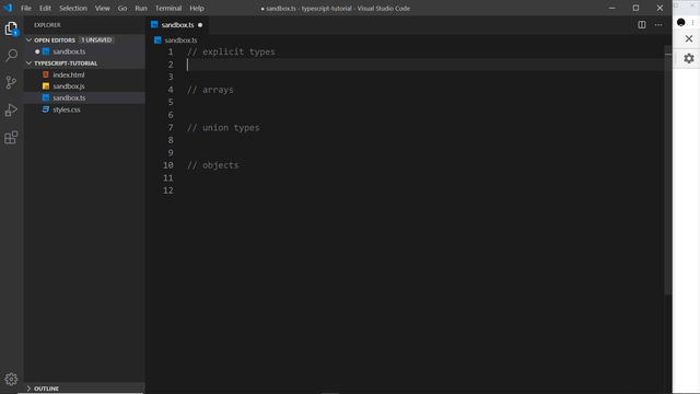sandbox.ts open with the lesson sections stubbed out