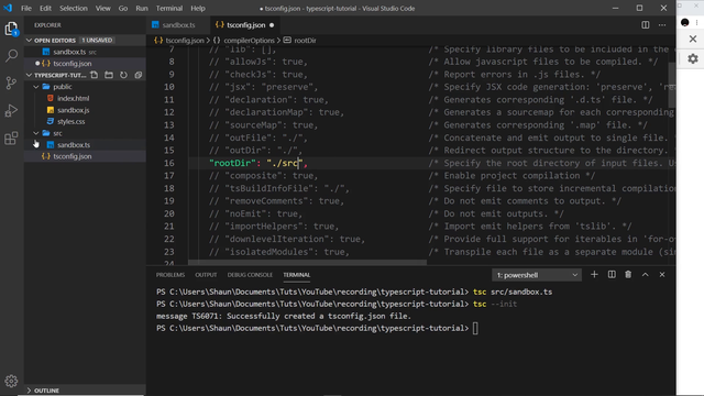 freshly generated tsconfig.json with the terminal confirmation