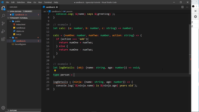 full file: greet, calc, logDetails, and the Person alias
