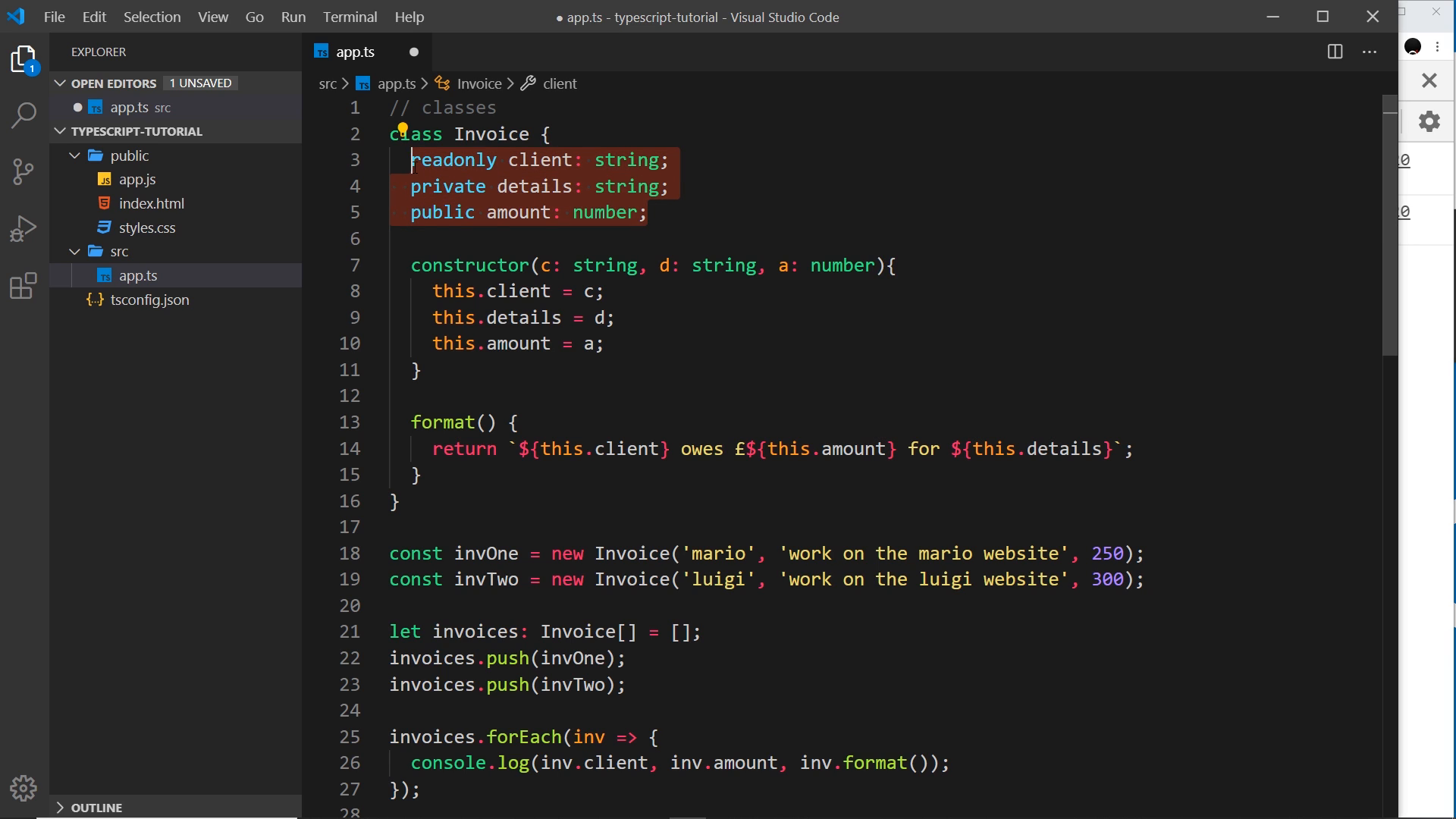 parameter-property shorthand replacing the manual assignments
