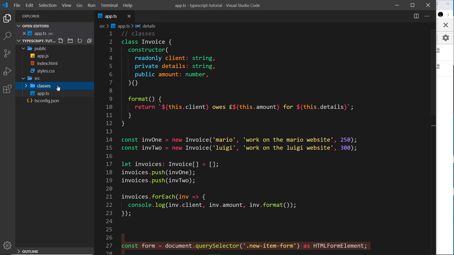 Invoice.ts open with the exported class