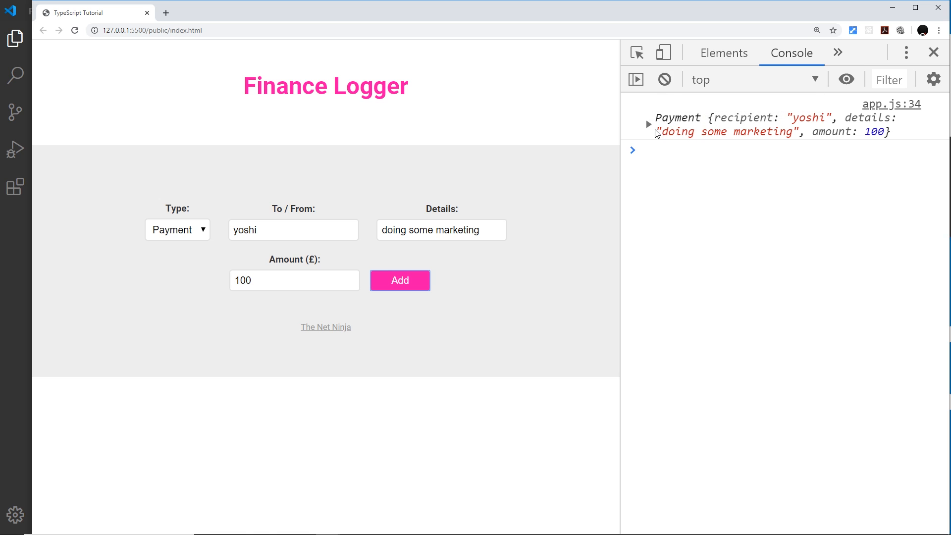 Finance Logger page with submitted entries