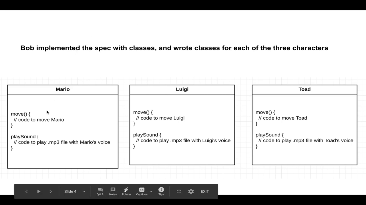 Bob’s three character classes with move and playSound bound to their own voice files