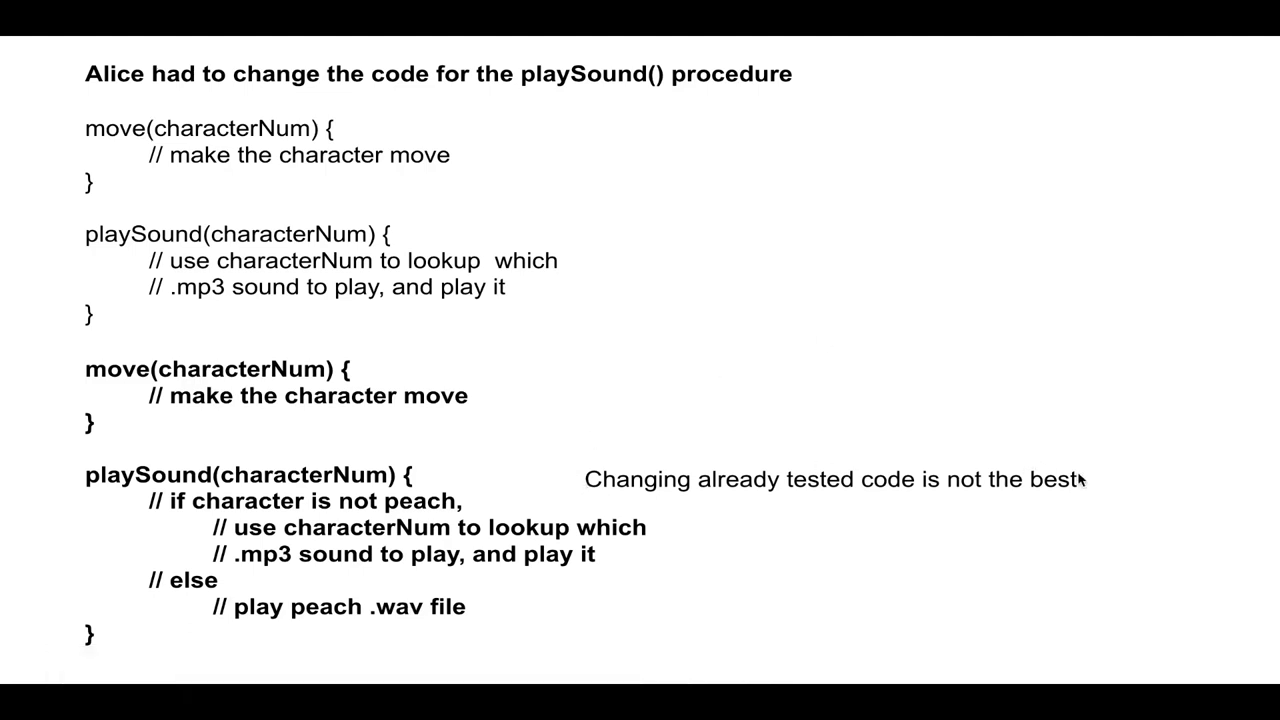 Alice’s old versus new playSound procedures with the tested-code margin note