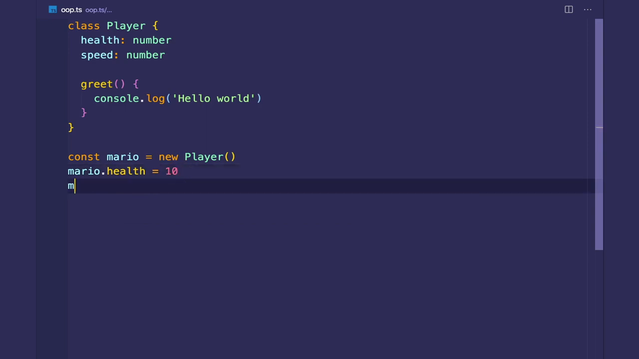 editor on oop.ts with the Player class, the mario instantiation, and dot-access writes