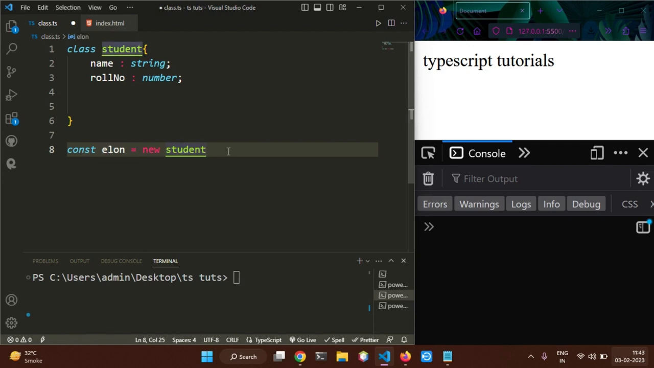 VS Code on class.ts with the student fields and the first new student beside the tsc terminal