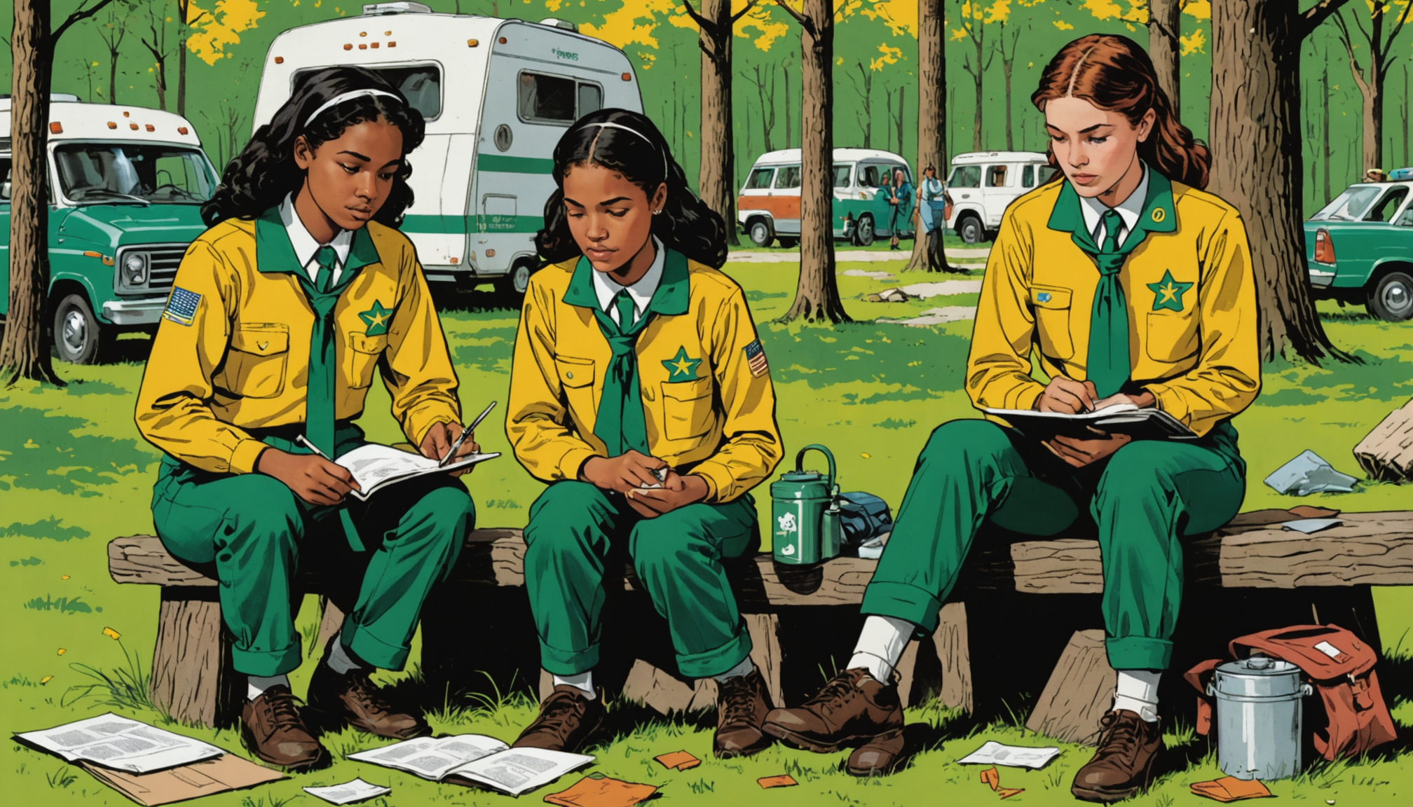 Scouts performing calm first aid triage at a campsite with an open first aid kit